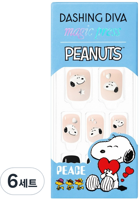 데싱디바 매직프레스 러블리 스누피 레귤러 라운드 네일팁, 블랙 + 누드, 6세트