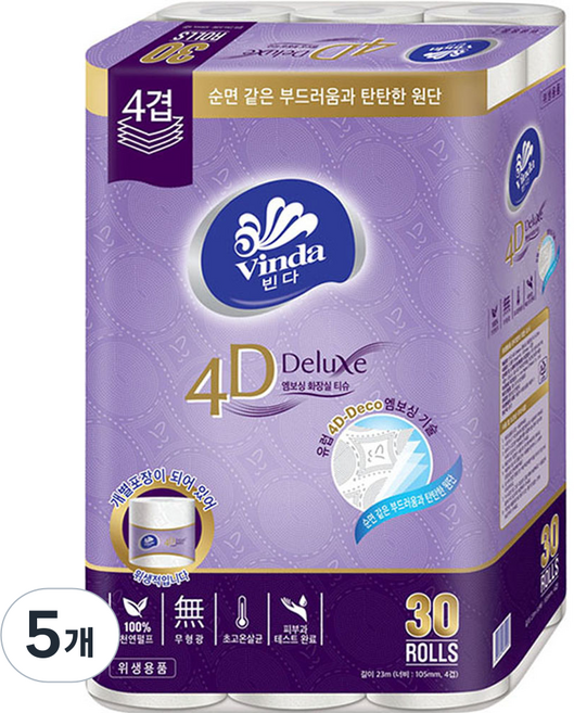 빈다 4D 디럭스 엠보싱 화장실 티슈, 23m, 30롤, 5개