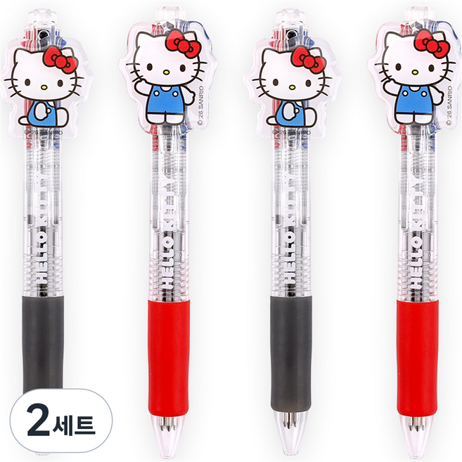 산리오 헬로키티 아크릴 장식 참 4색 볼펜 2종 x 2p 세트 0.7mm, 레드, 블랙, 2세트
