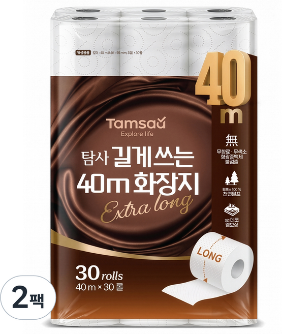탐사 길게 쓰는 40M 천연펄프 화장지, 2개, 30롤