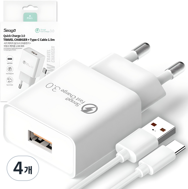 서가 퀵차지 USB 고속 충전기 18W QC3.0 + C타입 케이블 1.5m 세트, 화이트, 4개