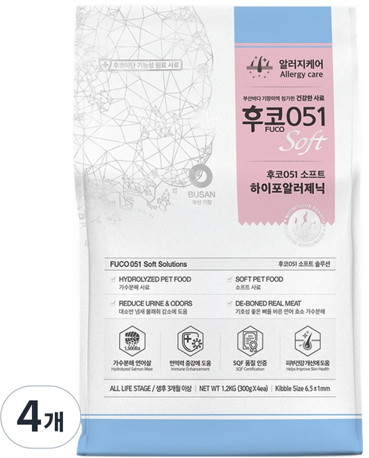 바우와우 후코051 전연령용 강아지 소프트 하이포알러제닉 사료, 4개, 1.2kg, 가수분해연어