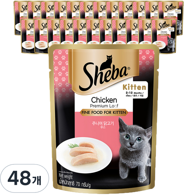 쉬바 키튼 고양이 간식 파우치, 닭, 70g, 48개