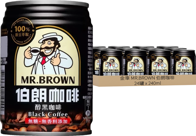 金車 MR.BROWN 伯朗咖啡 醇黑咖啡 無糖, 240ml, 24罐