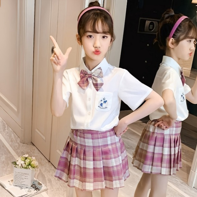 Orenjidamom 女童皇冠校園襯衫格紋領帶裙子套裝