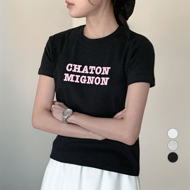 아피나르 여성용 통기성 슬림핏 자수 그래픽 반팔 쫀쫀 립 CHATON MIGNON 티셔츠