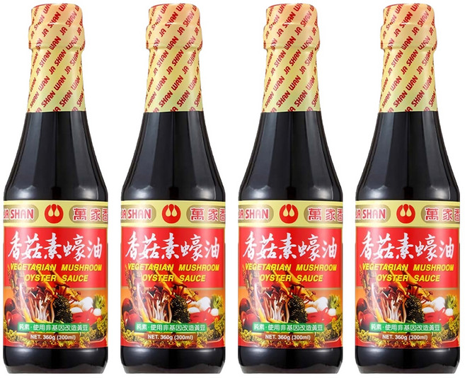 萬家香 香菇素蠔油 玻璃瓶包裝 嚴選台灣埔里香菇研磨粉 純釀造工藝 不添加化學醬油、焦糖色素、味精, 360g, 4瓶