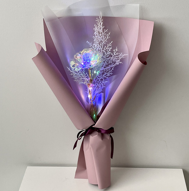 미다운플라워 조화 홀로그램 장미 미니꽃다발 LED 한송이 + 눈꽃 조화, 인디퍼플, 1세트