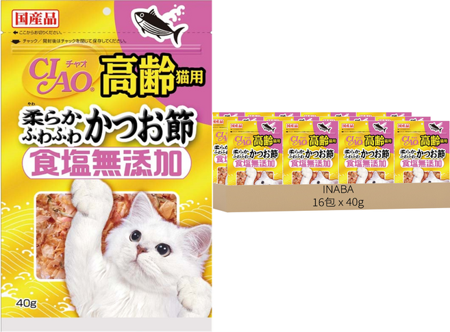INABA 高齡貓用 食鹽無添加 柴魚片 CS-20, 40g, 16包, 鰹魚口味