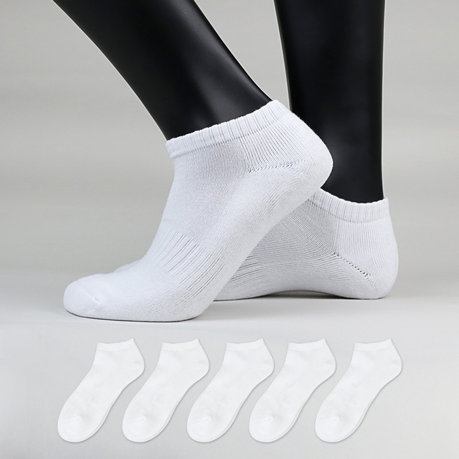 이지레그 남성용 이중쿠션 무지스포츠 스니커즈 런닝 발목 양말, 화이트, 5세트