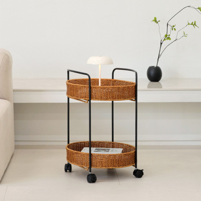 하우스레시피 라토 원형 라탄 트롤리, 브라운, 2단