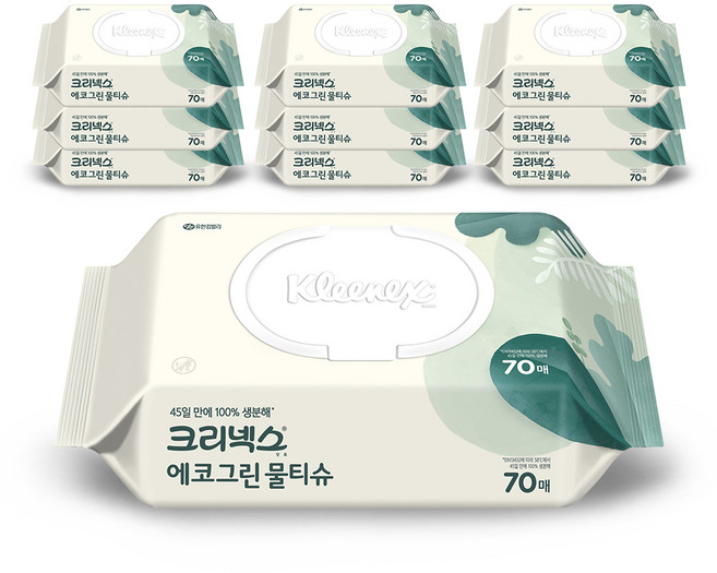 크리넥스 에코 그린 물티슈 캡형, 50g, 70매, 10개