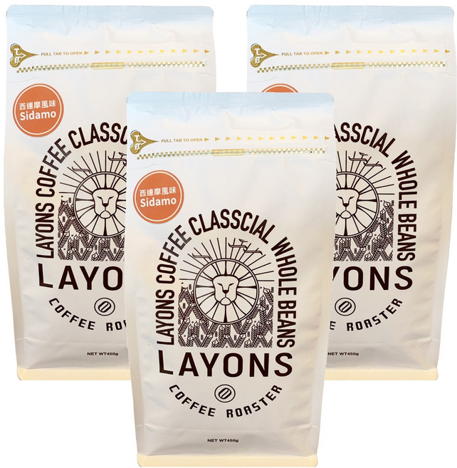 LAYONS COFFEE 雷恩獅咖啡 經典系列 咖啡豆 西達摩風味, 3個, 450g, 全豆咖啡（未研磨）