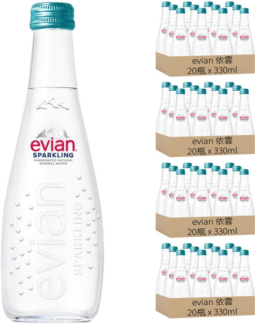 evian 依雲 台灣公司貨 氣泡天然礦泉水 玻璃瓶, 330ml, 80瓶
