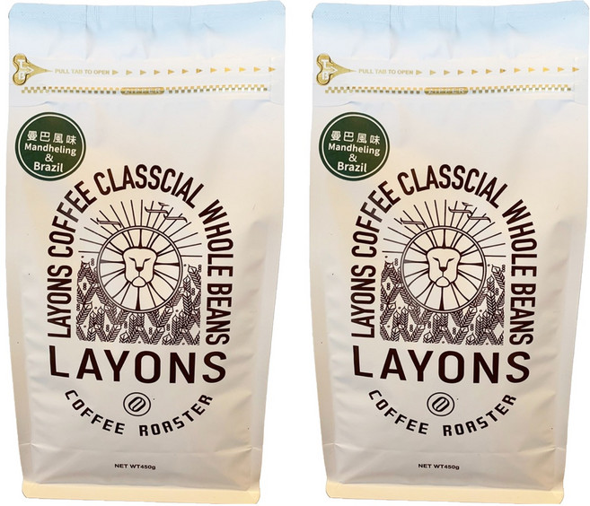 LAYONS COFFEE 雷恩獅咖啡 經典系列 咖啡豆 曼巴風味, 2個, 全豆咖啡(未研磨), 450g