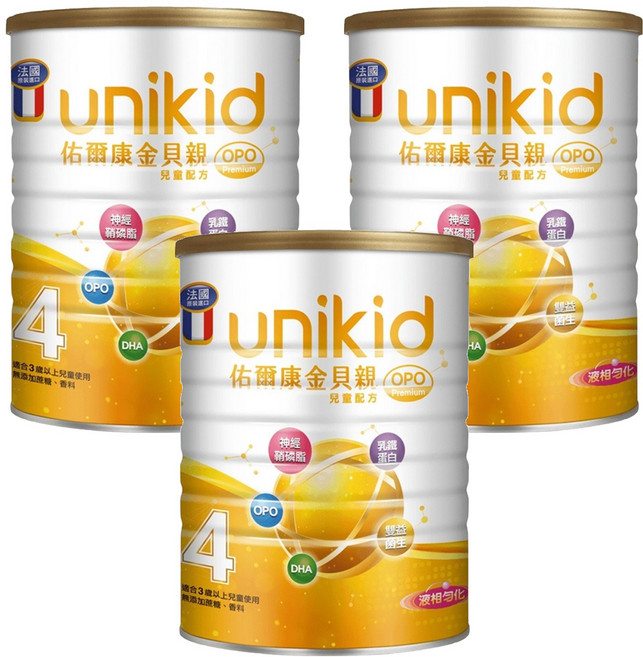 unikid 佑爾康 金貝親 OPO Premium 兒童配方 4號, 850g, 3罐