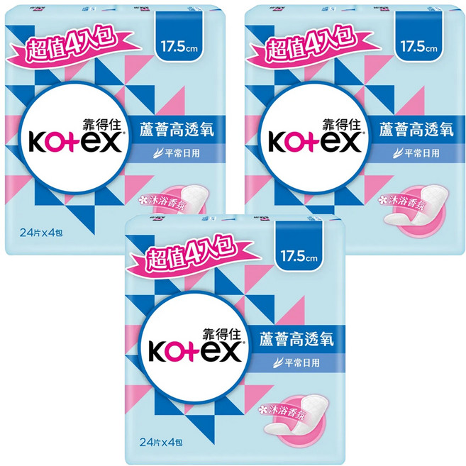 Kotex 靠得住 蘆薈高透氧護墊 平常日用 沐浴香氛, 17.5cm, 96片, 3組