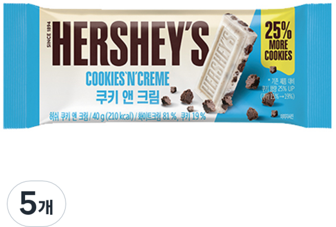 허쉬 쿠키앤크림 초콜릿, 40g, 5개