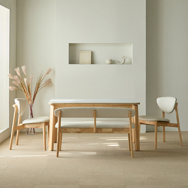 리샘 토리 세라믹 원목식탁 + 벨체어 B의자 + 벤치 세트 4인용 방문설치, 내추럴, 일반 2 + 벤치 1