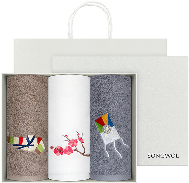 Songwol 松月 精緻刺繡 3入禮盒組 150g 棉紗 + 提袋, 象牙白 + 深灰色 + 深棕色, 1套