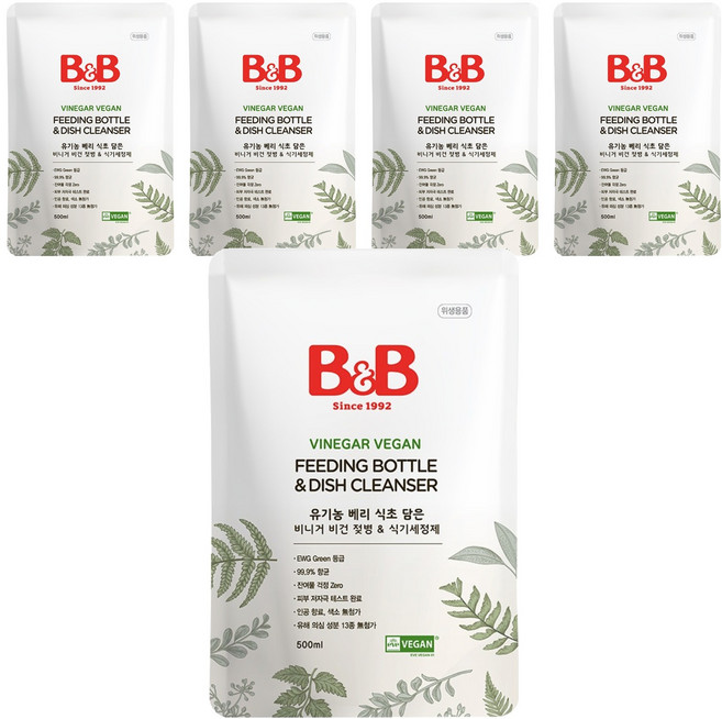 비앤비 비니거 비건 젖병 앤 식기세정제 리필, 5개, 500ml