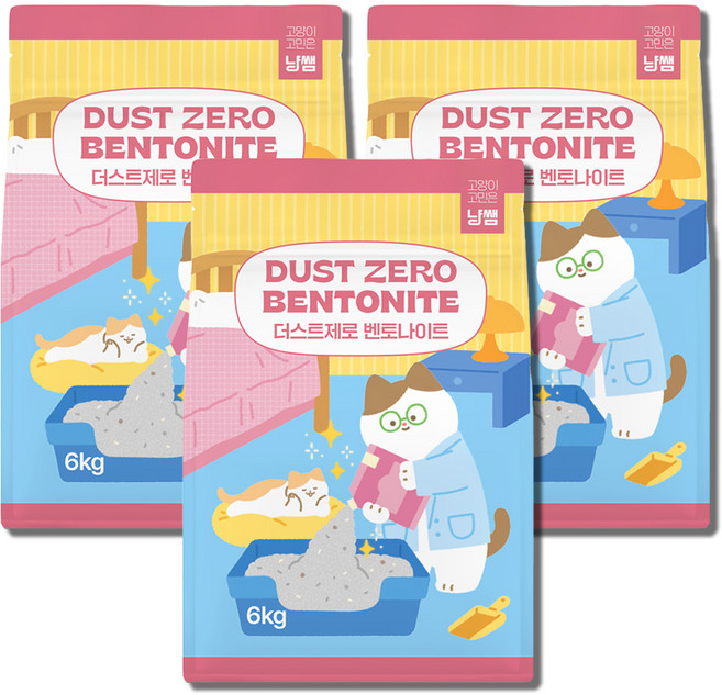 냥쌤 더스트 제로 벤토나이트 베이직 언센티드 고양이 모래, 6kg, 3개, 무향