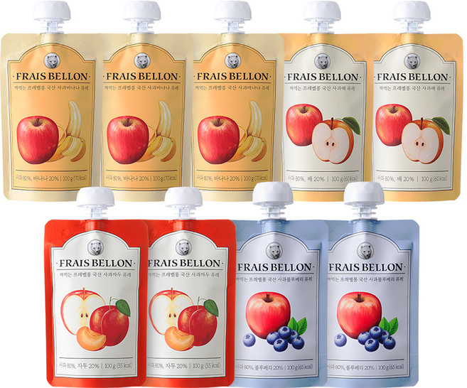 프레벨롱 짜먹는 국산 과일퓨레 9팩, 혼합맛(사과/바나나) + 혼합맛(사과/배) + 혼합맛(사과/자두) + 혼합맛(사과/블루베리), 900g, 1세트