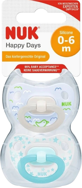 NUK Happy Days系列 安撫奶嘴組 - 矽膠材質, 0~6個月, 藍色 + 白色, 1組