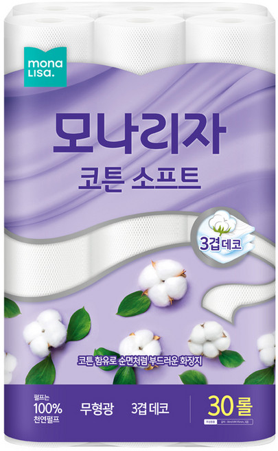 모나리자 코튼 소프트 천연펄프 3겹 고급롤화장지, 25m, 30롤, 1개