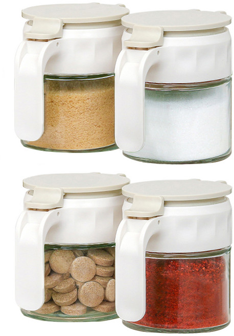 키텐실 시노글라스 글라썸 플립 원터치 밀폐 유리양념통 화이트, 4개, 350ml