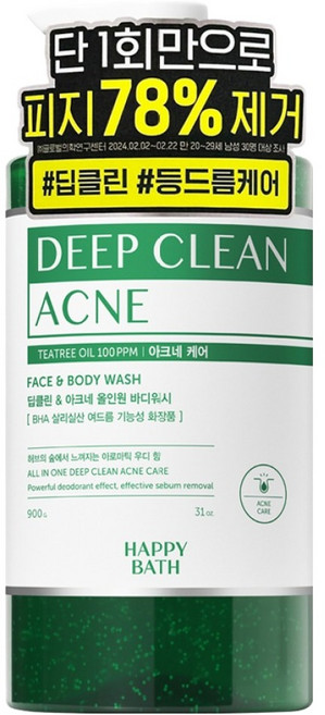 해피바스 딥클린 티트리 아크네 케어 올인원 바디워시 아로마틱 우디 향, 900g, 1개