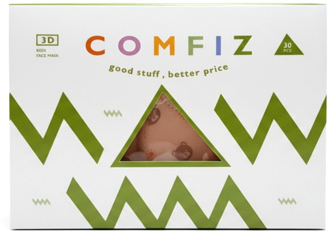 COMFIZ 康菲 3D兒童醫療口罩 7~12歲適用, 30片, 1盒, 熊寶貝 棕色