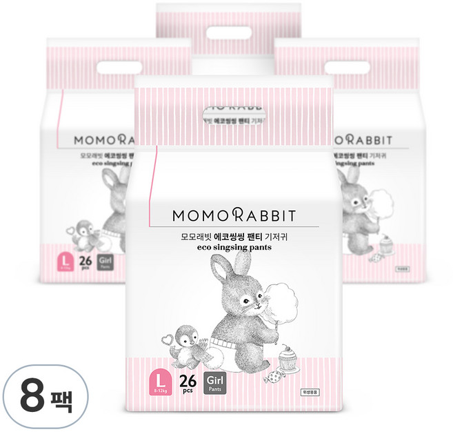 모모래빗 에코씽씽 오리지널 팬티기저귀 여아용, 대형(L), 208매
