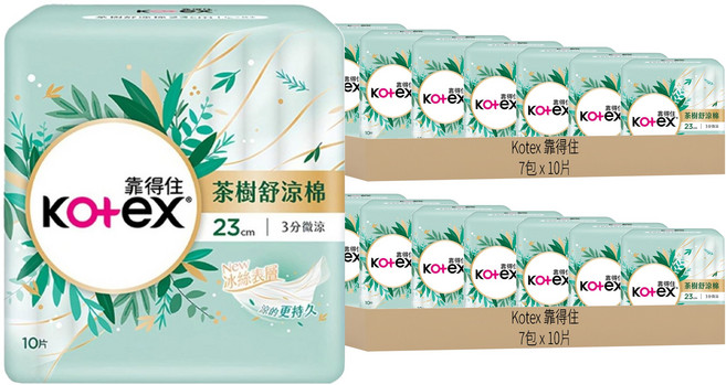 Kotex 靠得住 茶樹舒涼 涼感衛生棉 3分微涼 護翼型, 日用一般型 23cm, 10片, 14包
