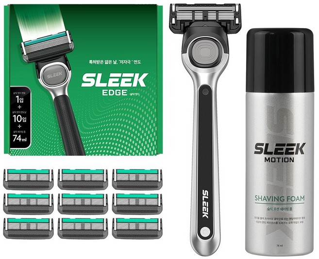 도루코 슬릭 엣지 면도기 세트, 면도기핸들 + 면도날 10p + 쉐이빙폼 74ml, 1세트