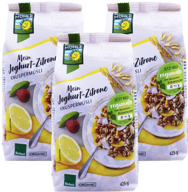 볼제너뮬러 유기농 요구르트 레몬 크런치 시리얼, 425g, 3개