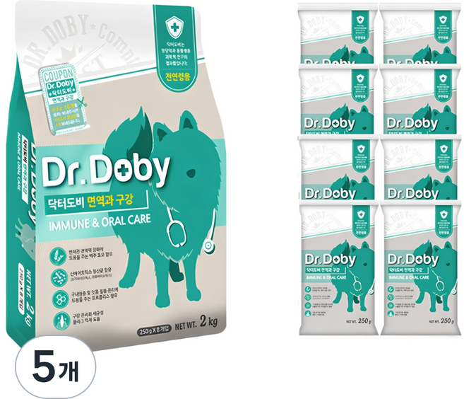 닥터도비 강아지 면역 기능성 사료, 구강/치석관리, 2kg, 5개