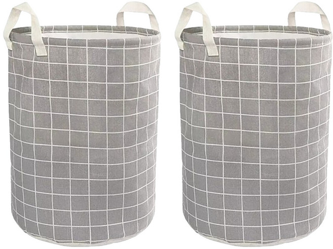 折疊帆布洗衣籃 Set 2個 大容量收納 加厚手把 內層防水面料, 灰底方格, 1組