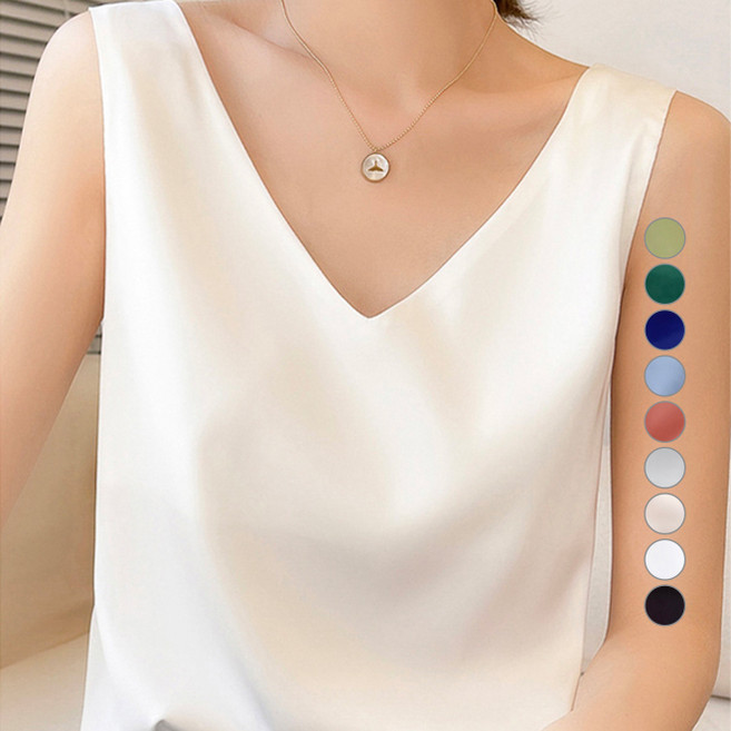 더시럽 여성용 실키 브이넥 백 스트랩 나시