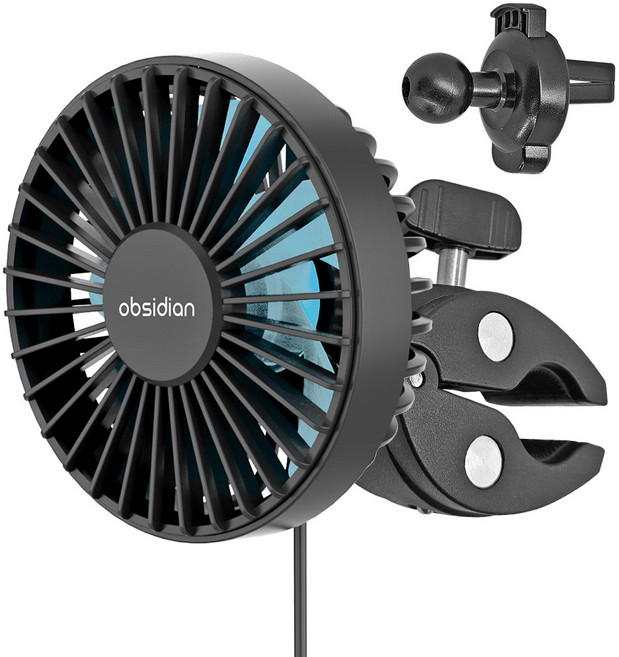 옵시디언 차량용 집게 송풍구 USB 미니선풍기 3단, CT-FA03+CT-H28, 블랙