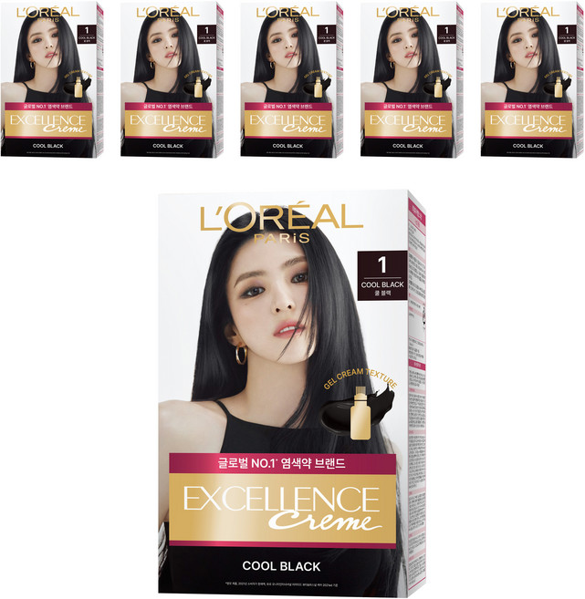 로레알파리 엑셀랑스 크림 빗캡으로 간편한 새치염색 염모제, 1호 쿨 블랙, 6개