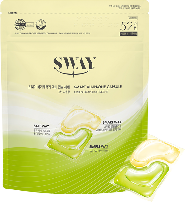SWAY 스웨이 식기세척기세제 올인원 액체캡슐 그린자몽향 52개입, 416g, 1개