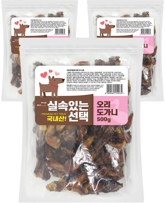 펫츠몬 강아지 실속있는선택 건조간식, 오리도가니, 500g, 3개