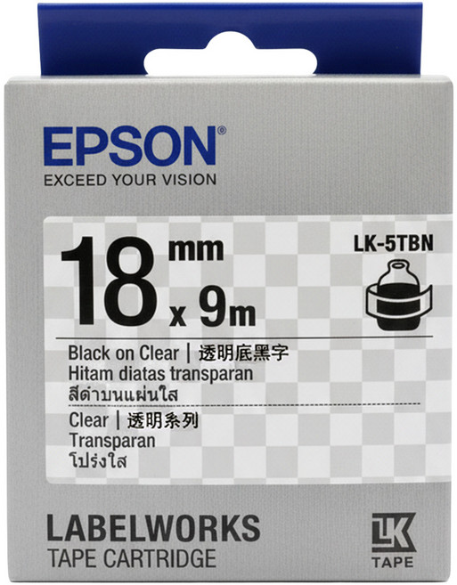 EPSON 標籤帶 LK-5TBN 18mm, 透明底黑字, 9m