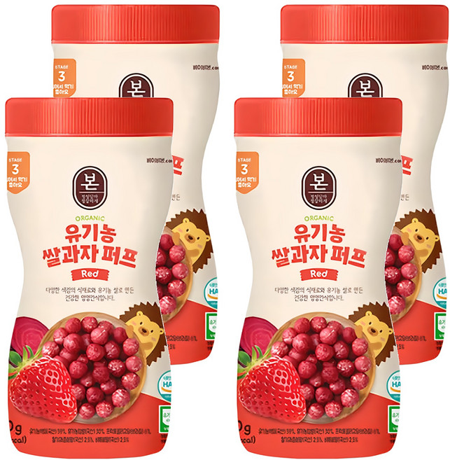 Baby Bonjuk 泡芙米餅, 草莓風味, 50g, 4瓶