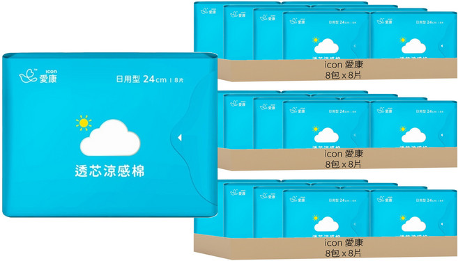 icon 愛康 透芯涼感棉 日用衛生棉 護翼型, 24cm, 8片, 24包