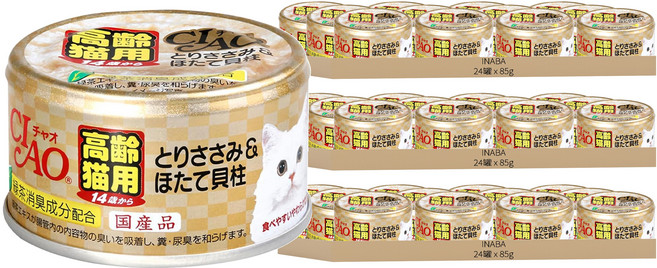 INABA CIAO 啾嚕 14歲高齡貓用 旨定罐, 72罐, 85g, 雞肉 + 干貝