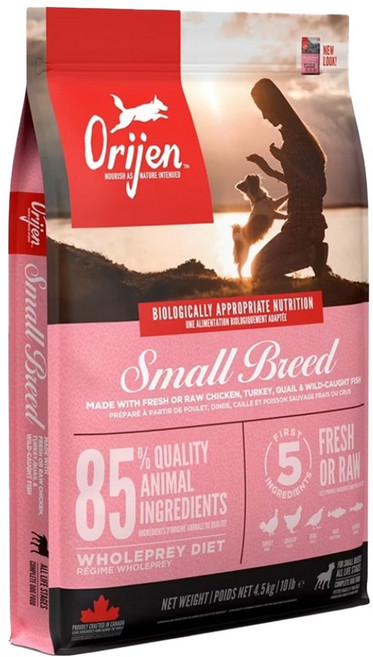Orijen 歐睿健 台灣公司貨 全齡小型犬 11種肉無穀鮮肉犬糧, 生鮮火雞肉(19%)、新鮮雞肉(18.5%)、生鮮鵪鶉(4%)、生鮮完整鱈魚(4%)、生鮮完整鯡魚(4%), 4.5kg, 1袋