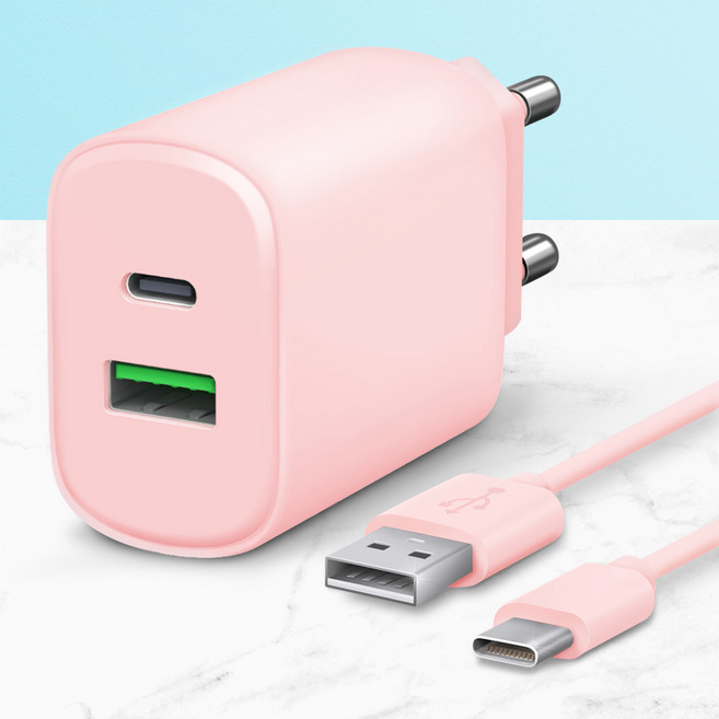 홈플래닛 20W 2포트 PD 고속충전기 + C타입 케이블 1.5m, 핑크, 1개