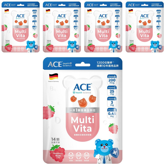 ACE Health Science 無糖綜合維他命軟糖 覆盆莓口味, 2g, 14顆, 5包